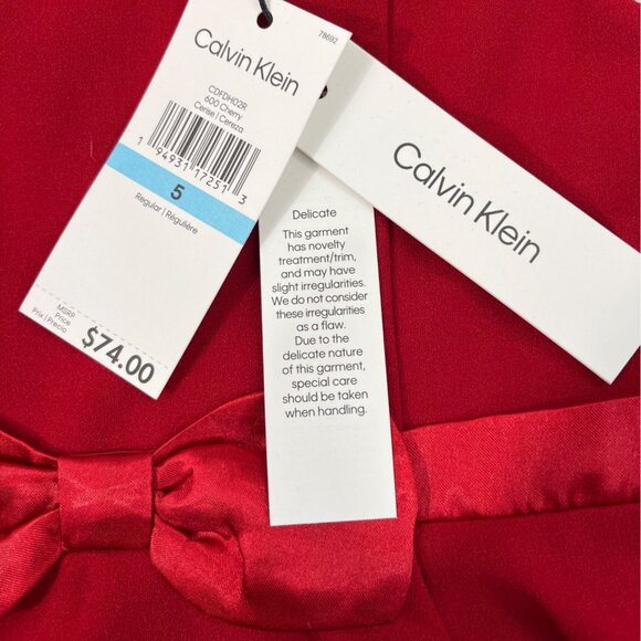 Calvin Klein Girls Red Fit & Flare Dress With Sheer Mesh Details & Bow Accent Si - Picture 8 of 11